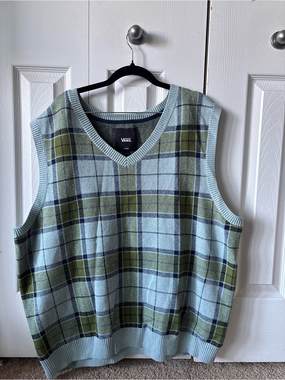Vans Men's Plaid V-Neck Sweater Vest - Light Blue & Olive